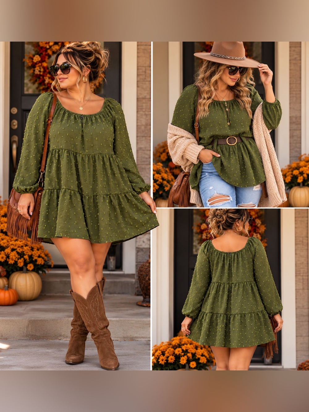 HEIMISH USA Olive Green Tiered Mini Dress with Long Sleeves